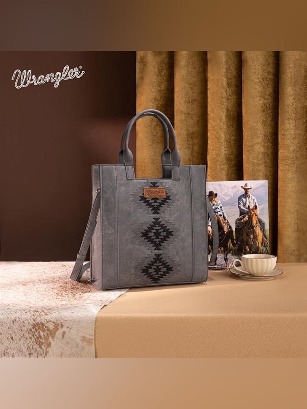 Wrangler NWT Aztec Embroidered Tote Bag Gray Black Western Crossbody